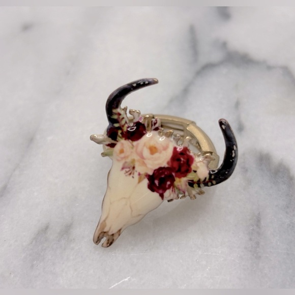 Metal Flower Cow Skull Bull Stretch Finger‎ Ring Jewelry - Picture 4 of 5